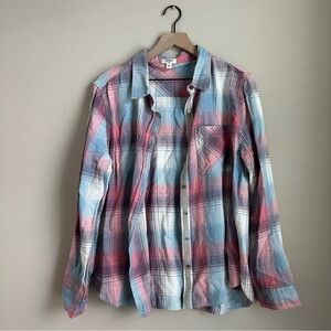 Dylan 100% Cotton Plaid Button Down Shirt Large Pink Blue Purple Long Sleeve